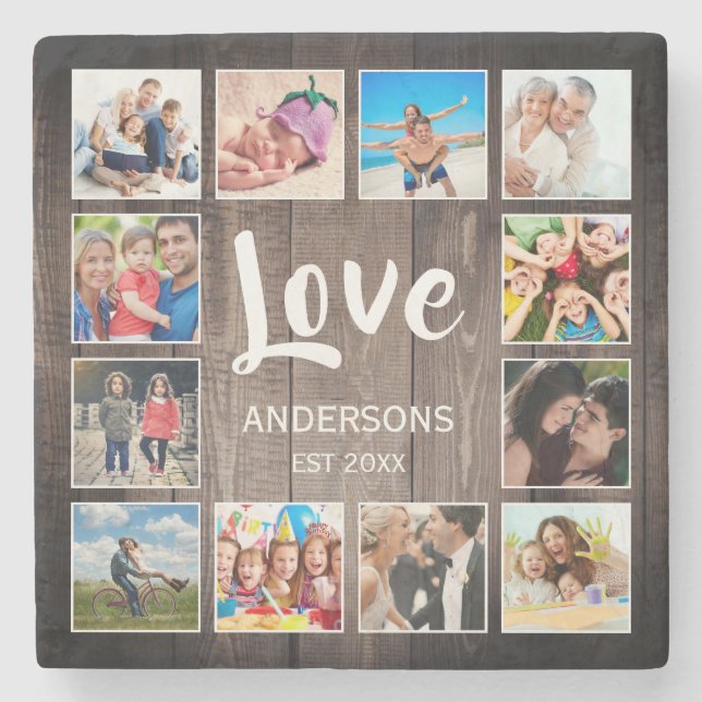 Custom Photo Collage Rustic Farmhouse Love Family Stone Coaster (Front)