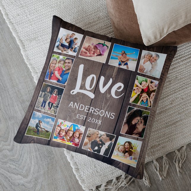 Custom Photo Collage Rustic Farmhouse Love Family Throw Pillow (Creator Uploaded)