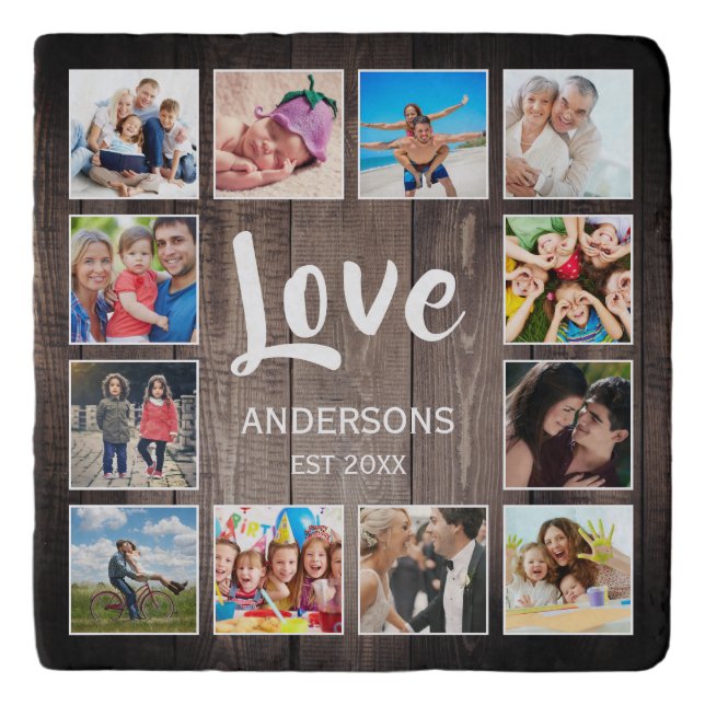 Custom Photo Collage Rustic Farmhouse Love Family Trivet (Front)