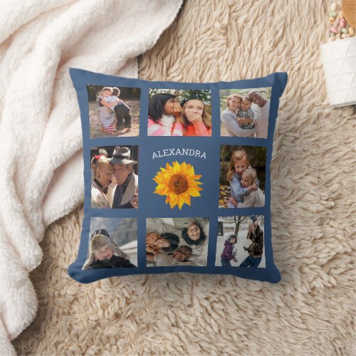 Custom Photo Collage Rustic Sunflower Blue Throw Pillow