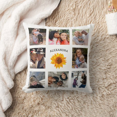 Custom Photo Collage Rustic Sunflower White Throw Pillow