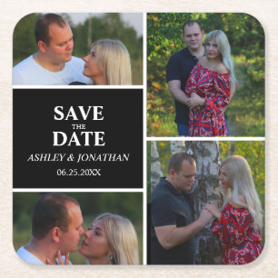 Custom Photo Collage Save The Date Square Paper Coaster