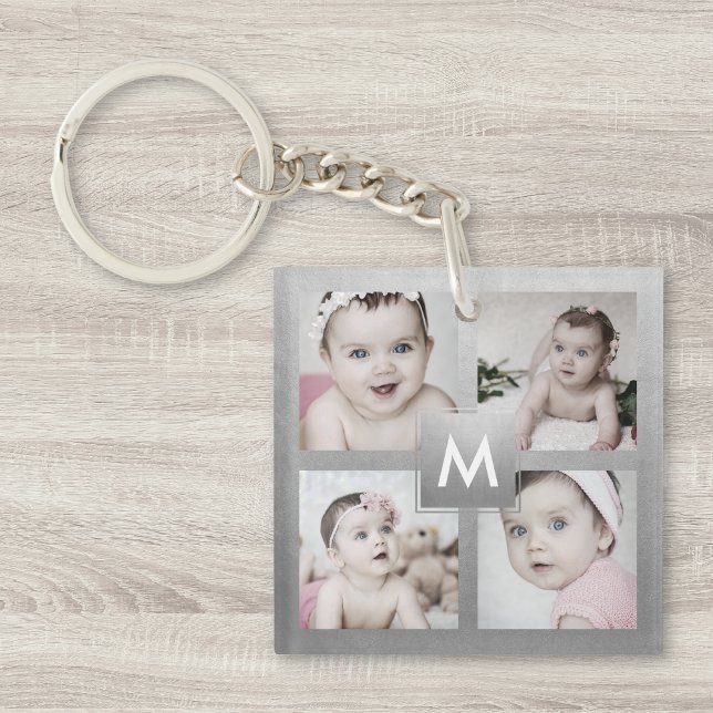 Custom Photo Collage Silver Monogram 4 Images Keychain (Creator Uploaded)
