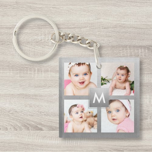 Custom Photo Collage Silver Monogram Baby Family Keychain