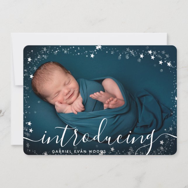 Custom Photo Collage Snowflake Overlay Xmas Birth Announcement (Front)
