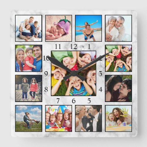 Custom Photo Collage Stylish Marble Family Baby Square Wall Clock