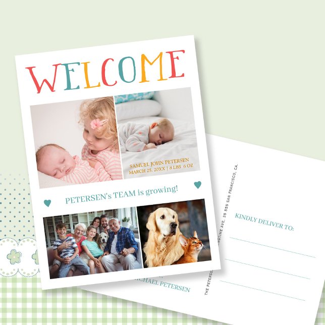 Custom photo collage WELCOME new baby birth Announcement Postcard (Creator Uploaded)