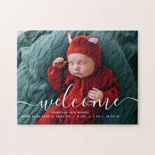 Custom Photo Collage Welcome Script Overlay Baby   Jigsaw Puzzle