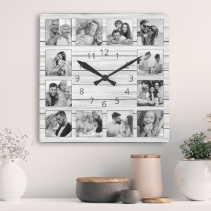 Custom Photo Collage White Elegant Wood Family Square Wall Clock