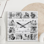 Custom Photo Collage White Elegant Wood Family Square Wall Clock<br><div class="desc">Easily personalize this white wooden plank elegant style wall clock with your custom photos. The template uses a black and white photo filter to create a more coordinated look. For best results,  crop the images to square - with the focus point in the center - before uploading.</div>