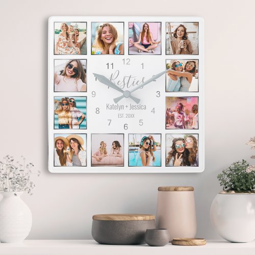 Custom Photo Collage White Silver Best Friends Square Wall Clock