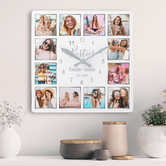 Custom Photo Collage White Silver Best Friends Square Wall Clock (Creator Uploaded)