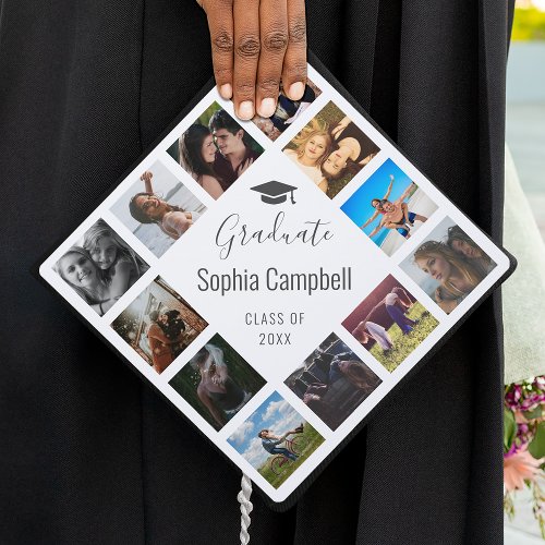 Custom Photo Collage White Trendy Cute Script Graduation Cap Topper