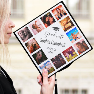 Custom Photo Collage White Trendy Cute Script Graduation Cap Topper
