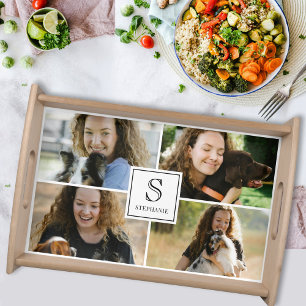 Custom Photo Collage with Black Monogram and Name  Serving Tray