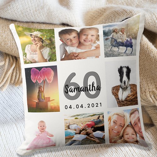 Custom photo collage woman white 60th birthday throw pillow
