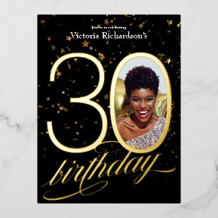 Custom Photo Confetti Black Gold 30th Birthday Foil Invitation Postcard