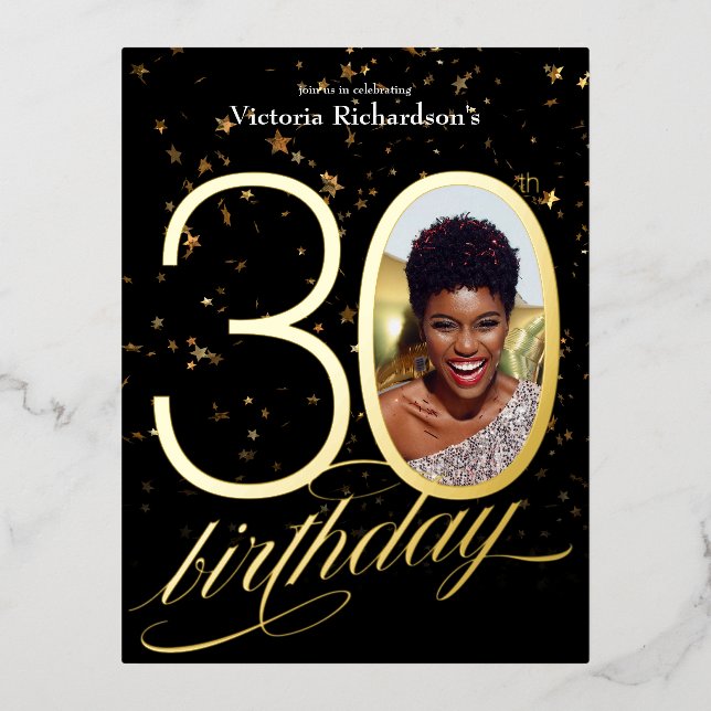 Custom Photo Confetti Black Gold 30th Birthday Foil Invitation Postcard (Front)