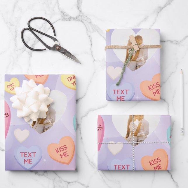 Custom Photo Conversation Candy Hearts  Wrapping Paper Sheets (Front)