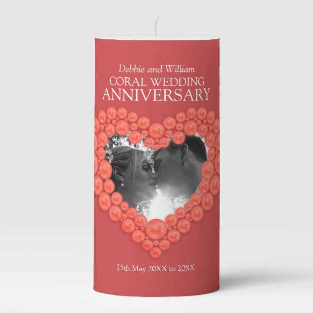 Custom photo coral 35th wedding anniversary pillar candle (Front)