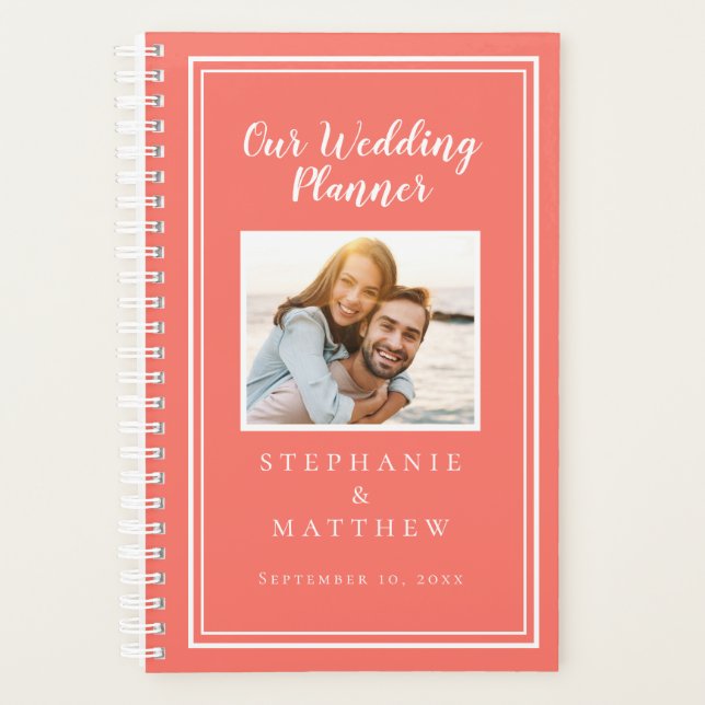 Custom Photo Coral & White Simple Wedding Planner (Front)