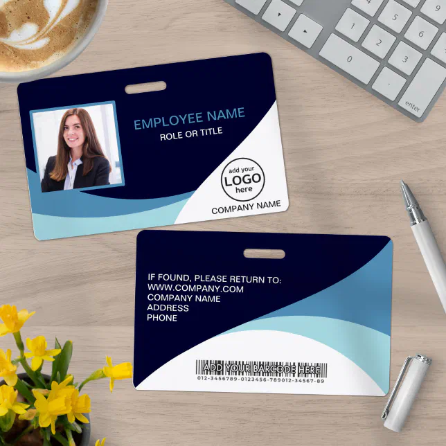 Custom Photo Corporate Employee Name Barcode Blue Badge | Zazzle