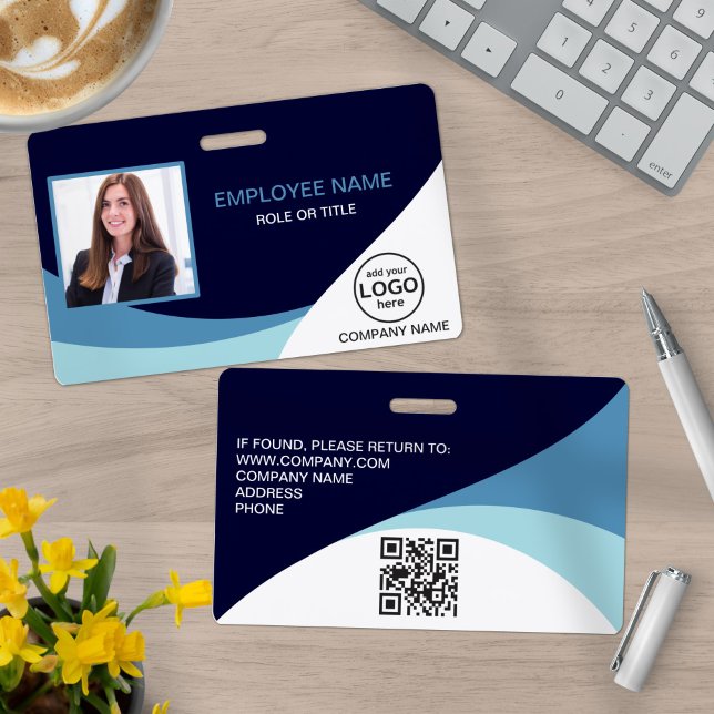 Custom Photo Corporate Employee Name Blue QR Code Badge (Creator Uploaded)