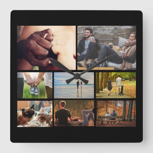 Custom photo couples collage  8 black square wall clock