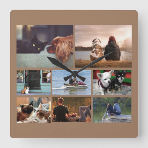 Custom photo couples collage  8 tan brown square wall clock