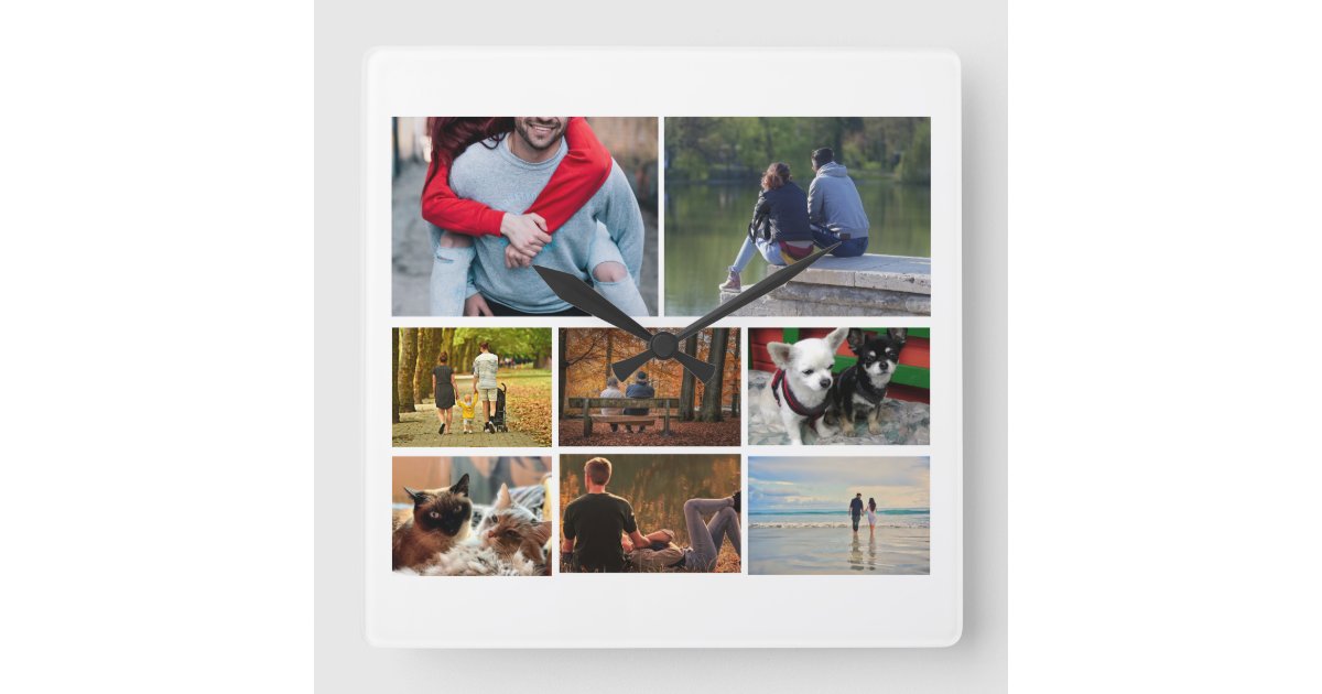 Custom photo couples collage | 8 white square wall clock | Zazzle