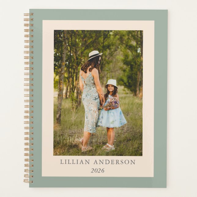 Custom Photo Cover with Sage Green Border and Name Planner (Front)
