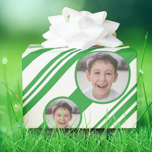 Custom Photo Custom Logo Green and White Stripes Wrapping Paper (Creator Uploaded)