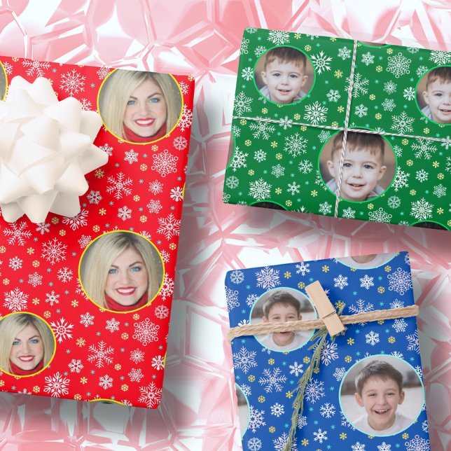 Custom Photo Custom Logo Snowflakes Red Blue Green Wrapping Paper Sheets (Creator Uploaded)