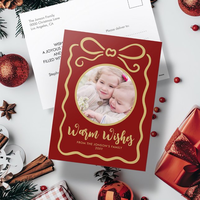 Custom Photo Cute Hand Drawn Gold Ribbon Red Holiday Postcard (Creator Uploaded)