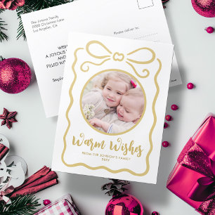 Custom Photo Cute Hand Drawn Gold Ribbon White Holiday Postcard