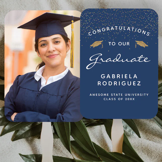 Custom Photo Dark Blue White Gold Graduation Hand Fan | Zazzle
