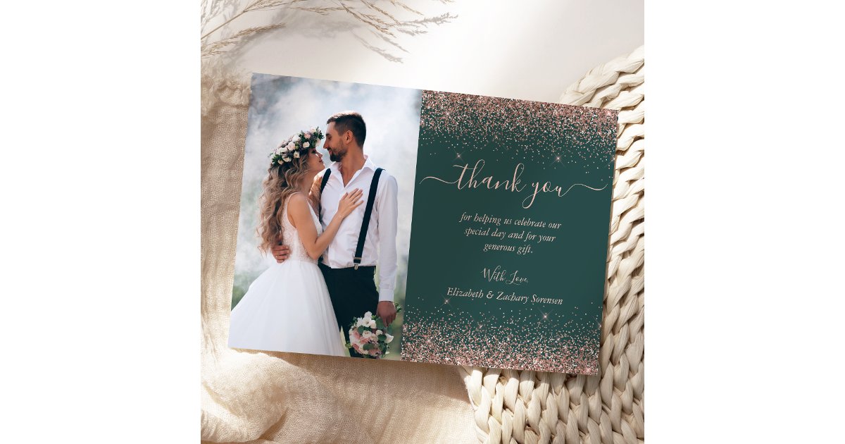 Custom Photo Dark Green Rose Gold Glitter Wedding Thank You Card | Zazzle