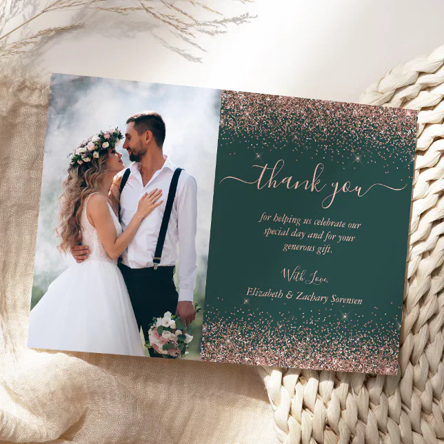 Custom Photo Dark Green Rose Gold Glitter Wedding Thank You Card | Zazzle