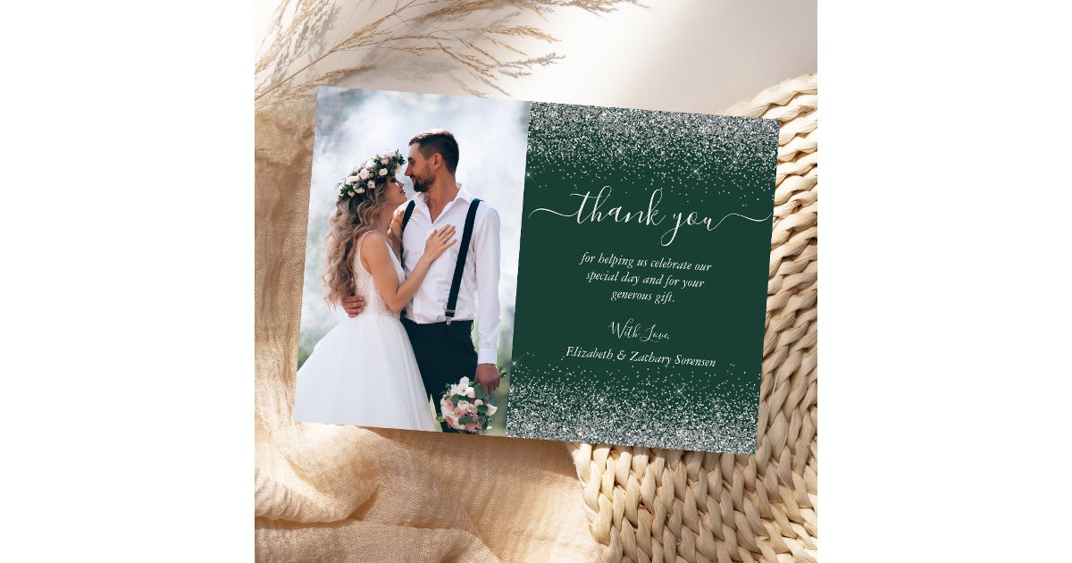Custom Photo Dark Green Silver Glitter Wedding Thank You Card | Zazzle