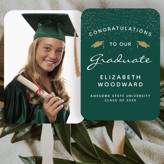 Custom Photo Dark Green White Gold Graduation Hand Fan (Creator Uploaded)
