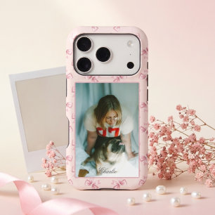 Custom Photo Delicate Pink Satin Bows Coquette iPhone 17 Pro Case