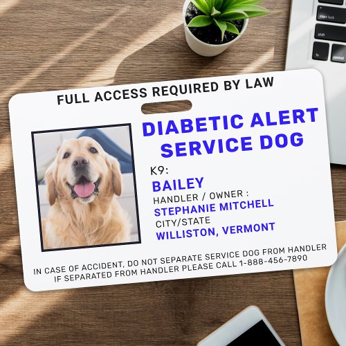 Custom Photo Diabetic Alert Service Dog ID Badge