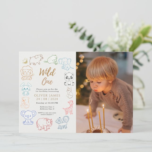 Custom photo Doodle Party Animals 1st Birthday Invitation (Standing Front)