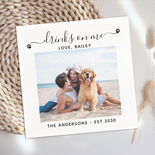 Custom Photo Drinks On Me Dog Bar Pet Wedding Napkins (Creator Uploaded)