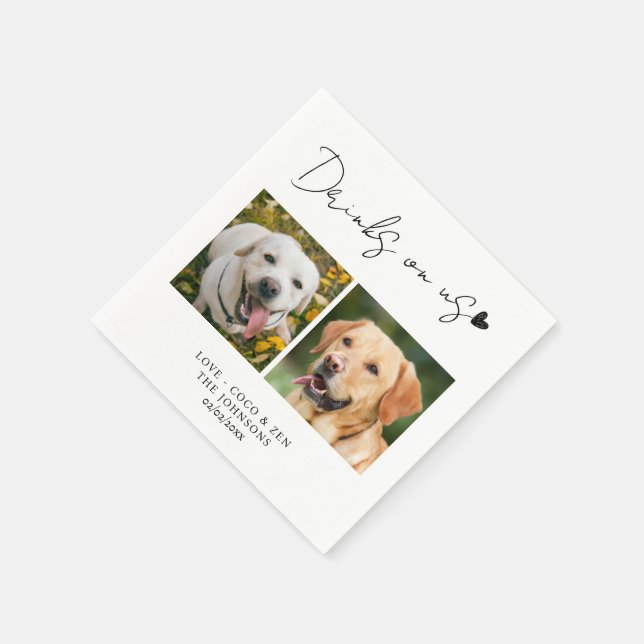 Custom photo Drinks on me pet dog wedding Napkins (Corner)