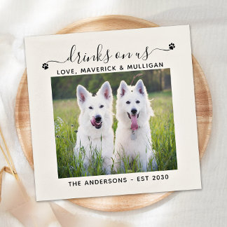 Custom Photo Drinks On Us Dog Bar Pet Wedding Napkins