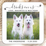 Custom Photo Drinks On Us Dog Bar Pet Wedding Square Paper Coaster<br><div class="desc">Drinks On Us! Drinks On Me! Our custom pet photo coasters are the perfect way to show your love for your furry friend on your big day! These wedding coasters are elegant, modern, and cute, and they're sure to make your wedding reception or party one to remember. Plus, they're a...</div>