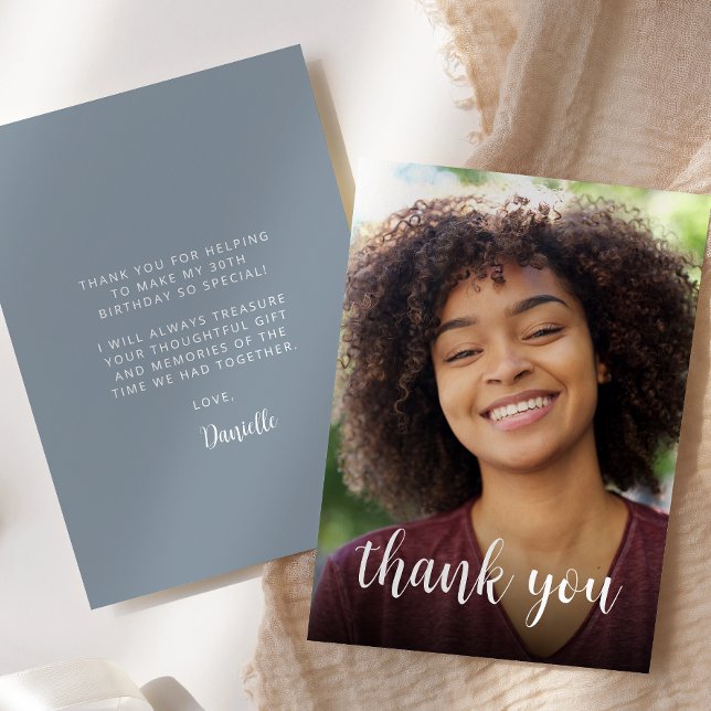 Custom Photo Dusty Blue 30th Birthday Party Thank You Card (Creator Uploaded)