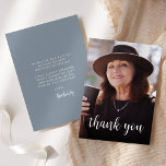 Custom Photo Dusty Blue 60th Birthday Party Thank You Card<br><div class="desc">The front of this 60th birthday invitation features the guest of honor's photo with the words "thank you" in elegant white calligraphy script overlay. A dark screen helps make the text pop. Customize the reverse side with your personal message in white sans serif font and your name in script on...</div>