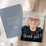 Custom Photo Dusty Blue 90th Birthday Party Thank You Card<br><div class="desc">The front of this 90th birthday invitation features the guest of honor's photo with the words "thank you" in elegant white calligraphy script overlay. A dark screen helps make the text pop. Customize the reverse side with your personal message in white sans serif font and your name in script on...</div>